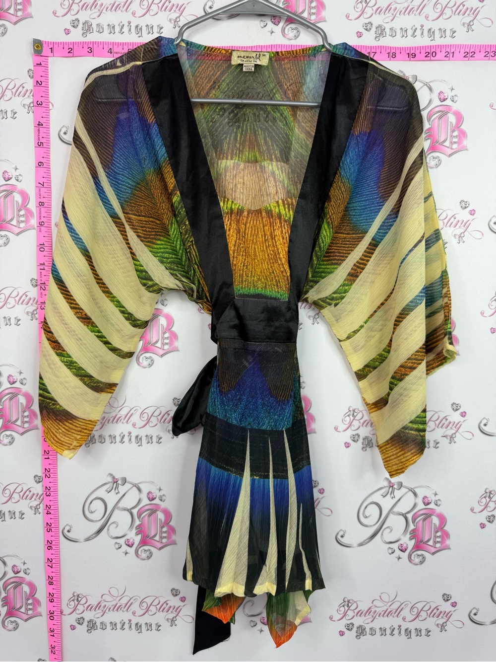 ONE WORLD Multicolor Pleated Kimono Sleeve Blouse with Black Trim